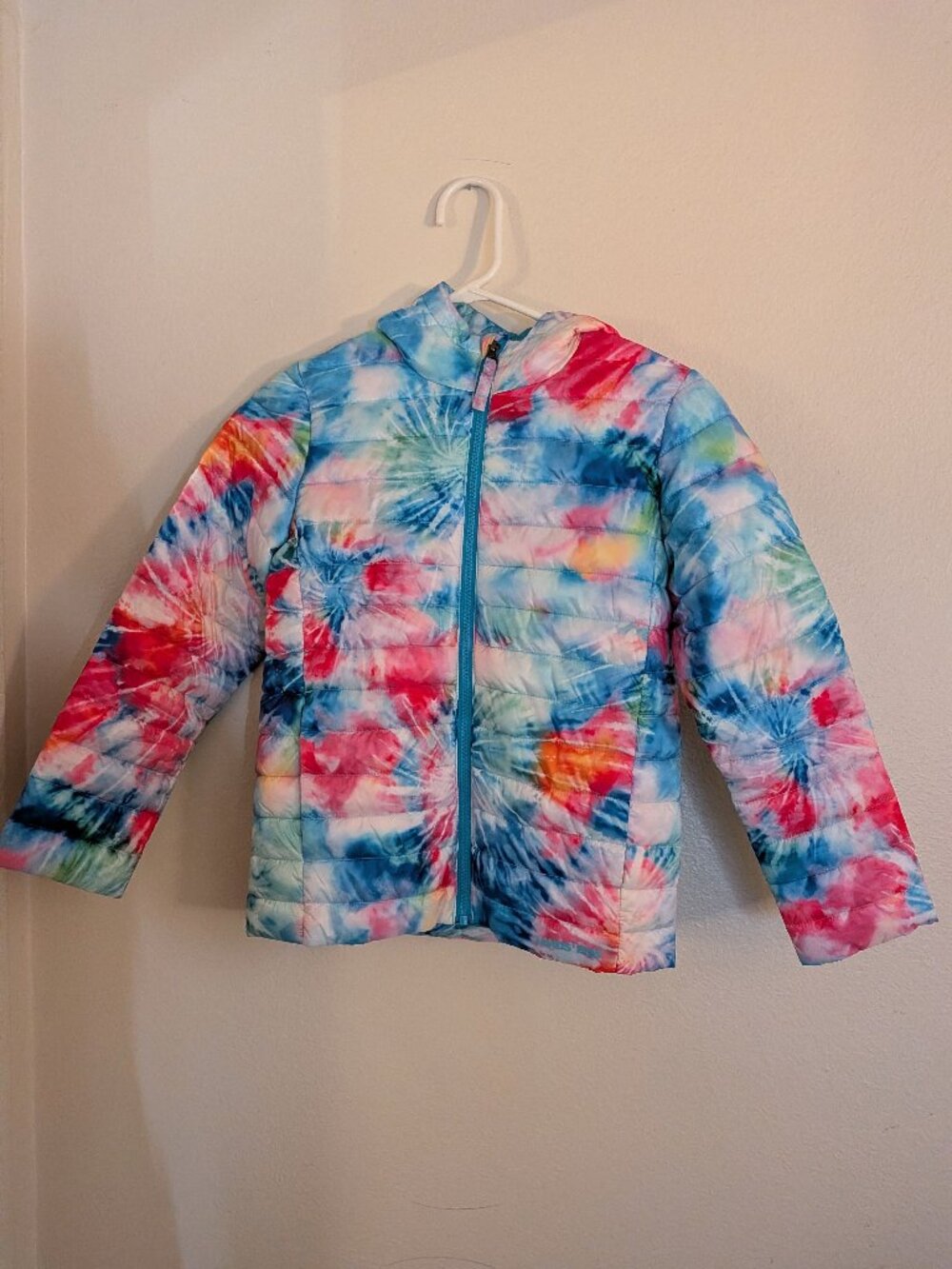 Lands' End Girls Tie Dye Hooded Puffer Jacket M 8 Rainbow Preppy Kids Outerwear